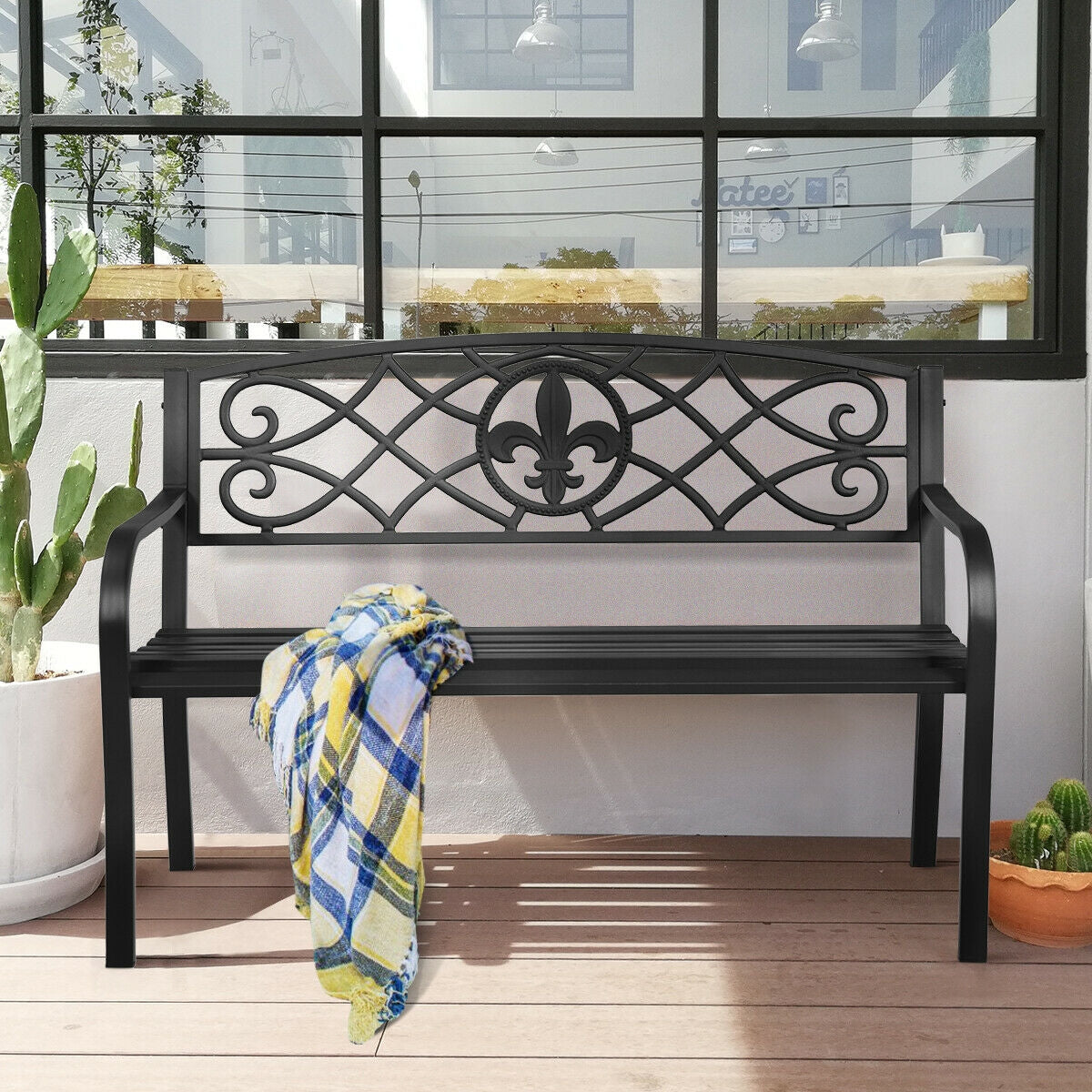 50-Inch Metal Garden Bench with Armrests - 500 lb Capacity