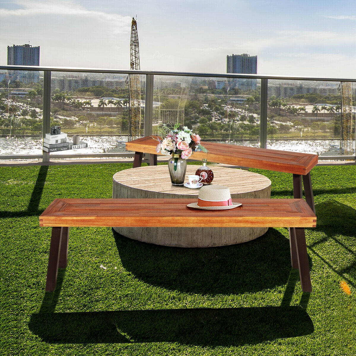 Acacia Wood Dining Benches Set of 2 for Patio