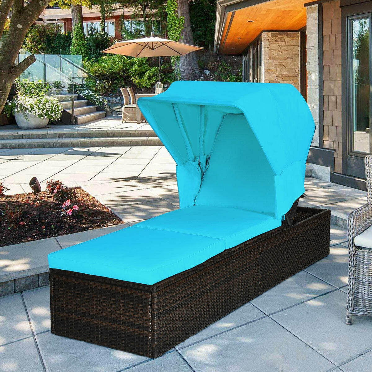 Outdoor Chaise Lounge with Canopy and Cushion