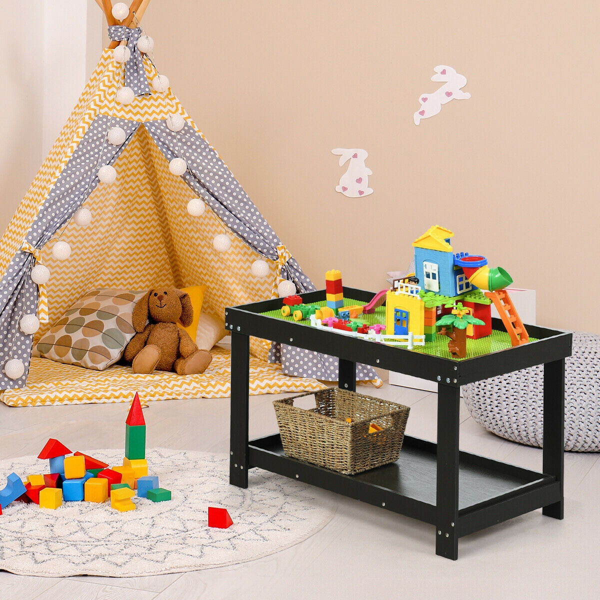 Kids Activity Play Table with Storage - Solid Pine Wood