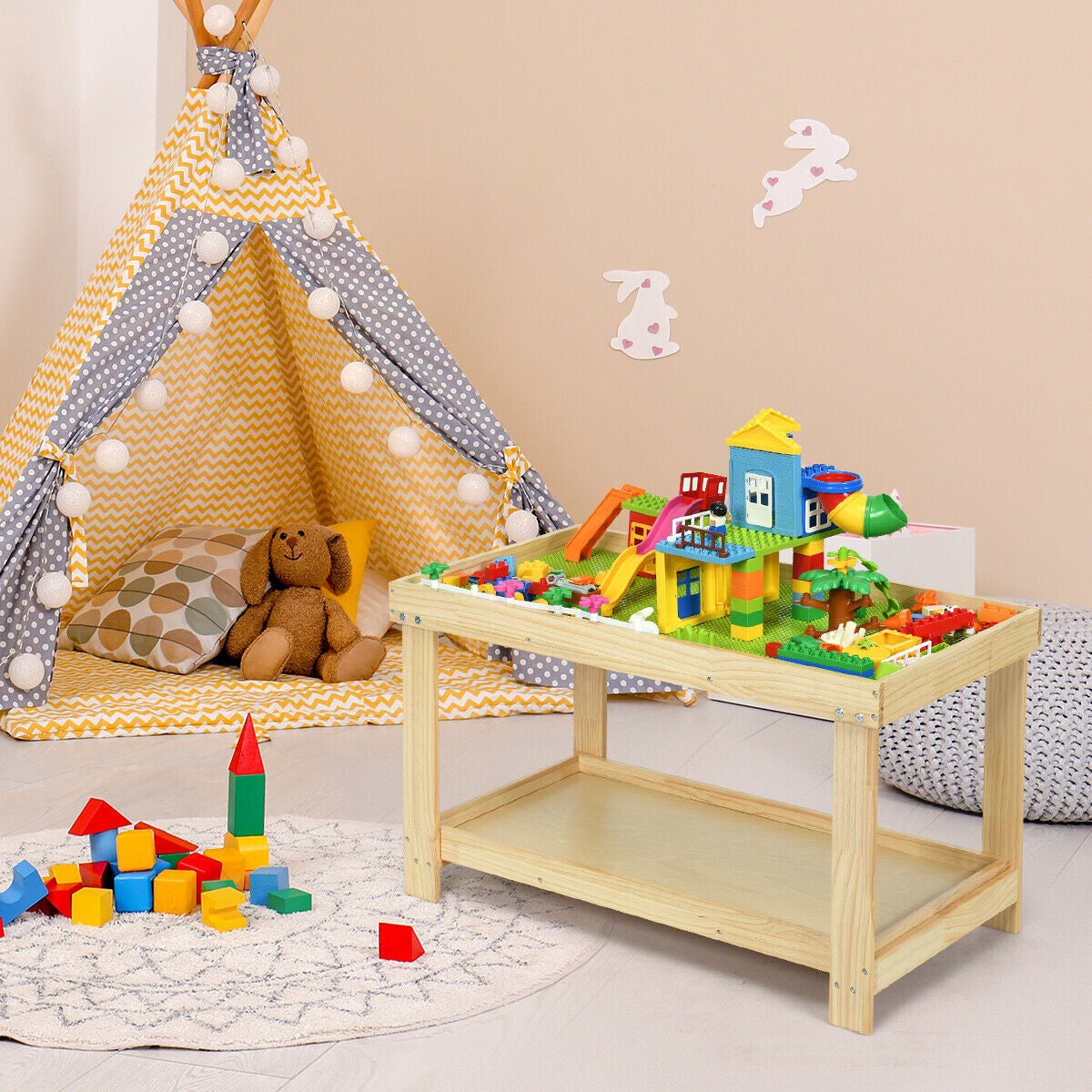 Kids Activity Play Table with Storage - Solid Pine Wood
