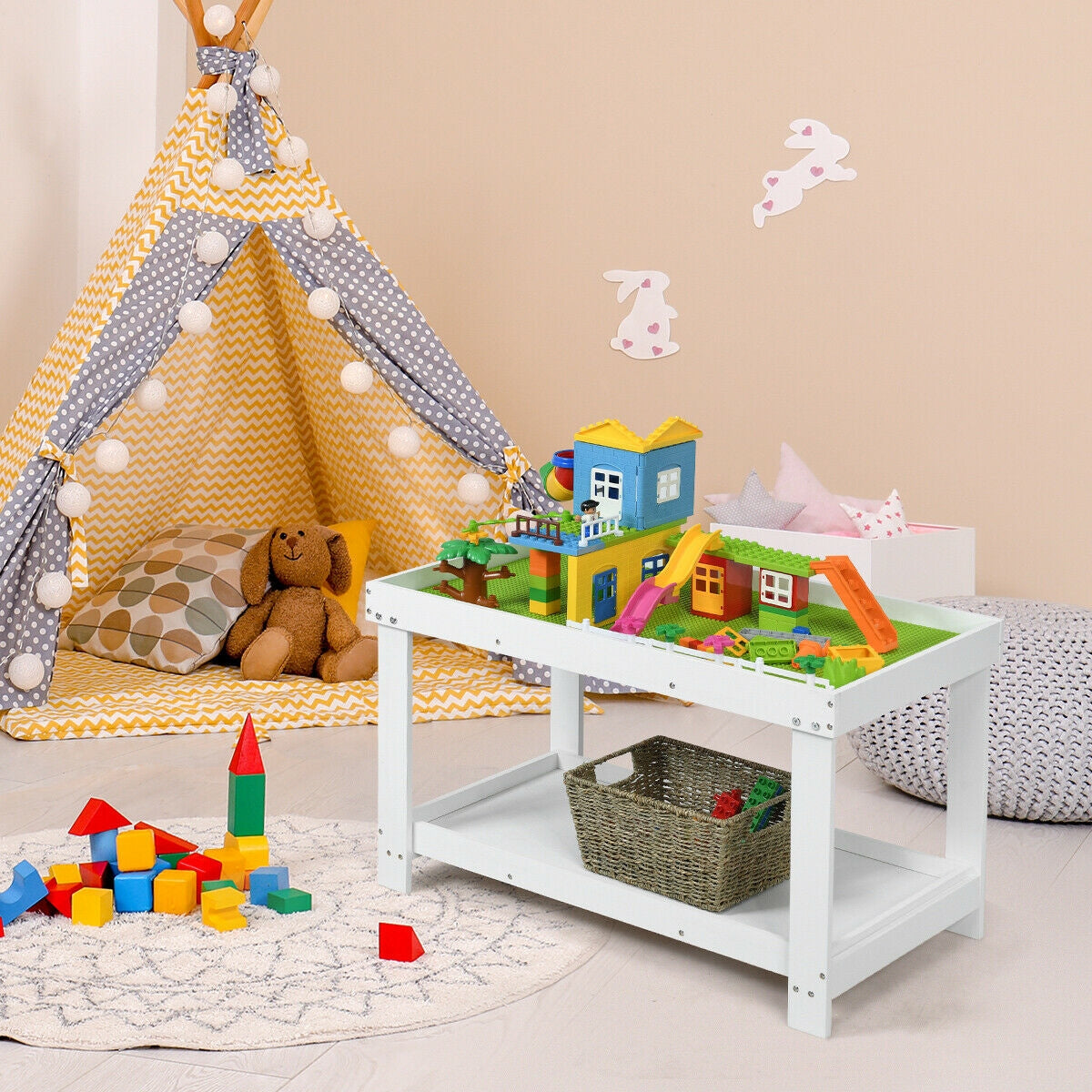Kids Activity Play Table with Storage - Solid Pine Wood