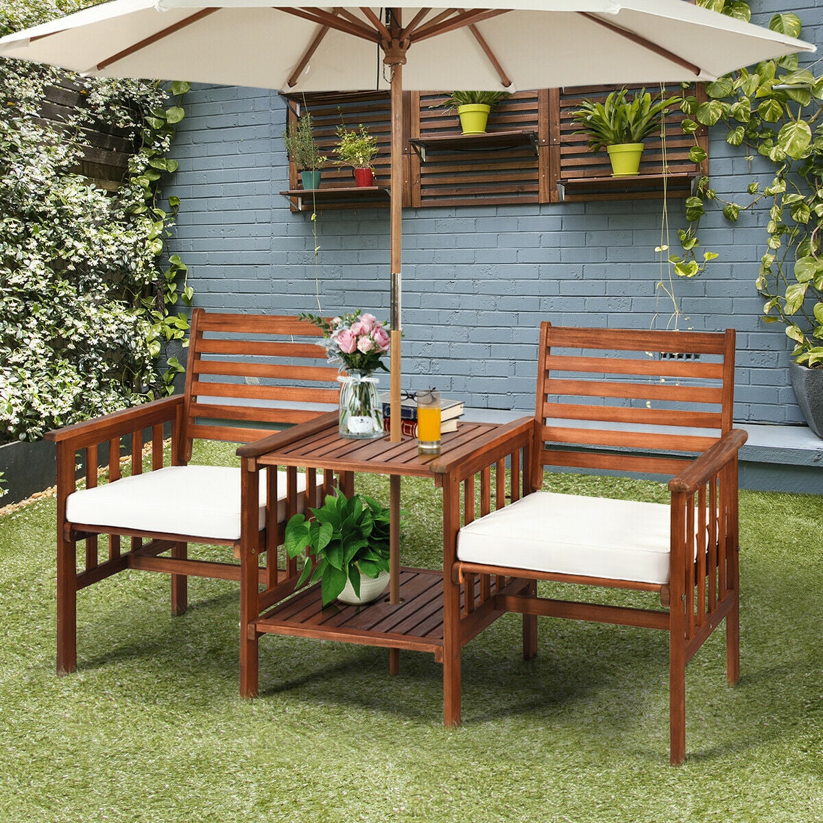 Acacia Wood Patio Conversation Set with Loveseat & Coffee Table