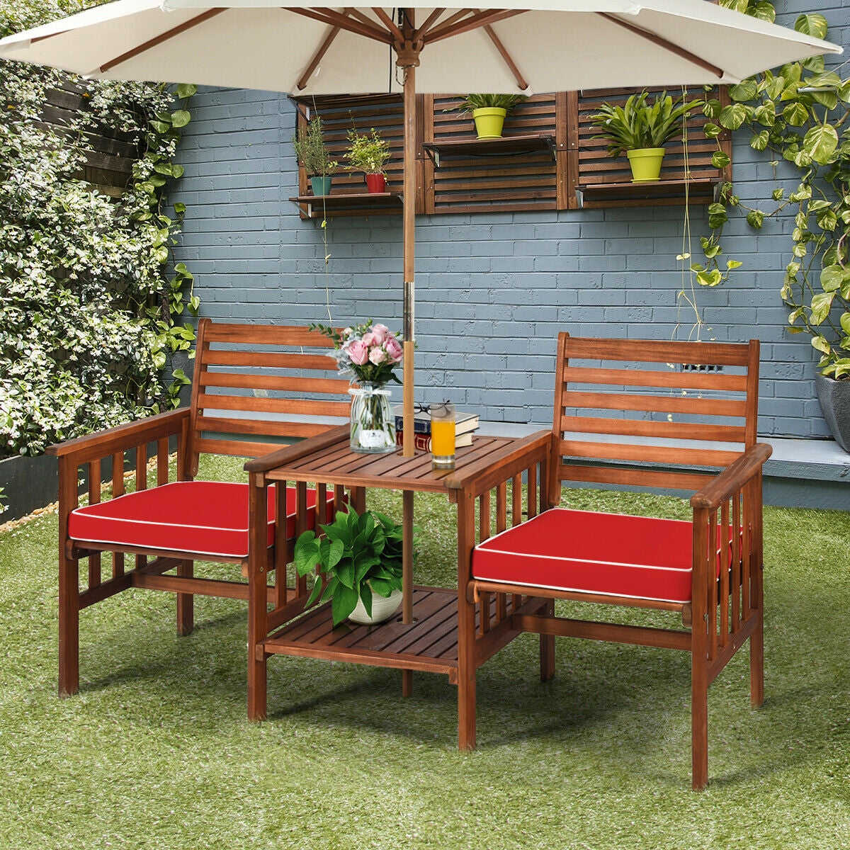 Acacia Wood Patio Conversation Set with Loveseat & Coffee Table