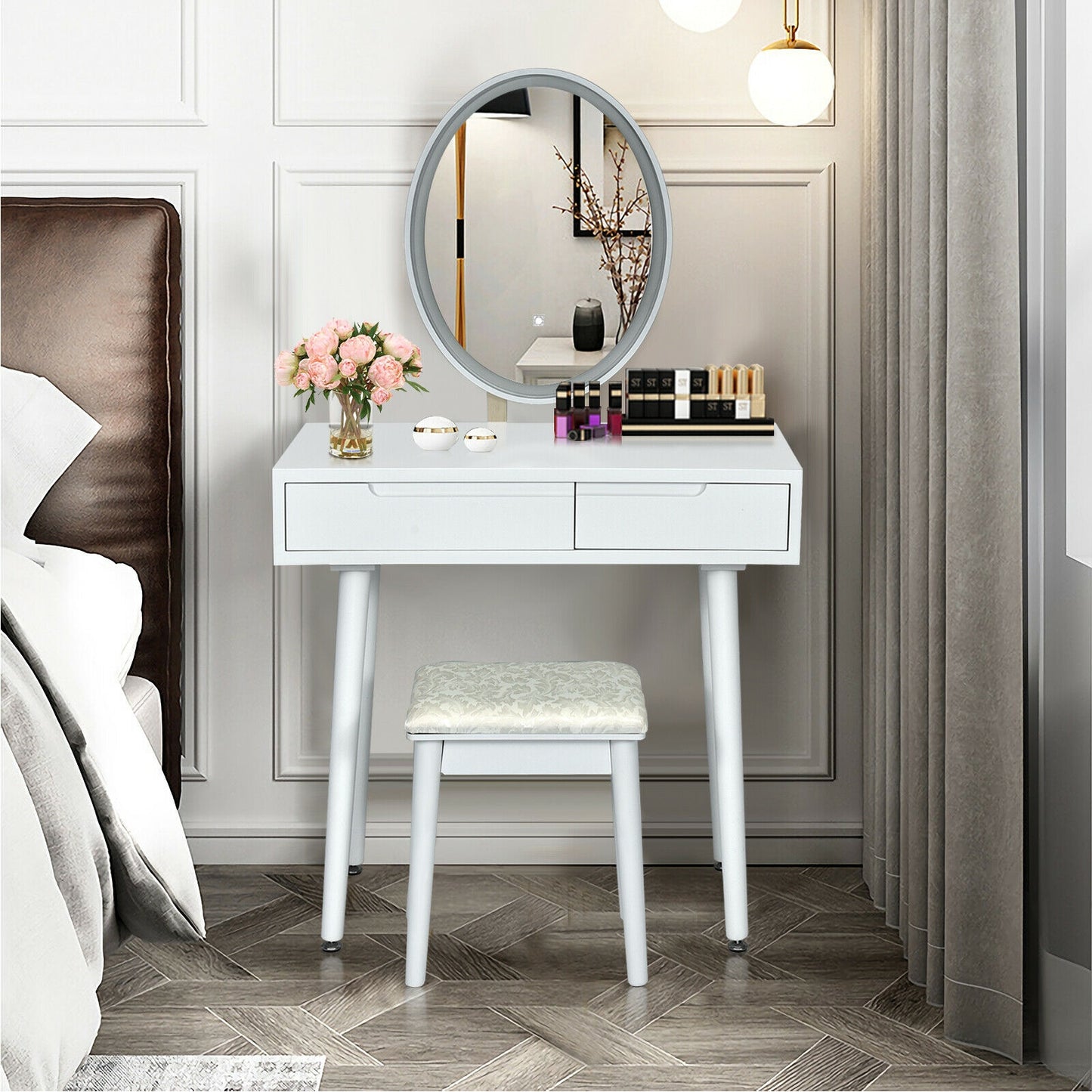 Vanity Makeup Table with Lighted Mirror and Stool Set