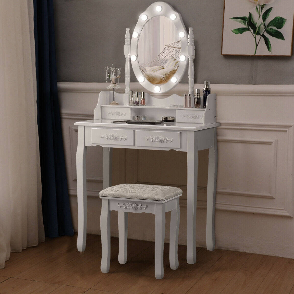 Makeup Vanity Table Set with Dimmable Bulbs & Cushioned Stool