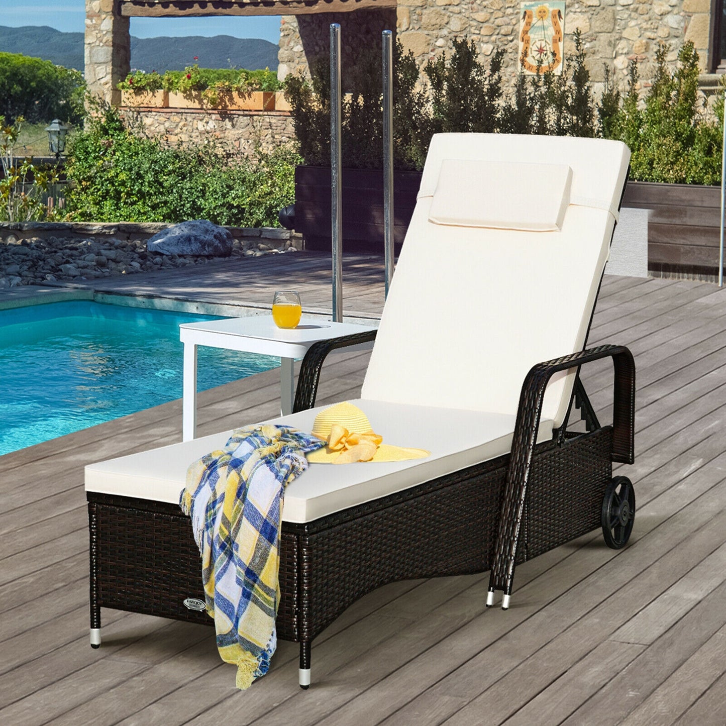 Adjustable Chaise Lounge with Cushion and Wheels