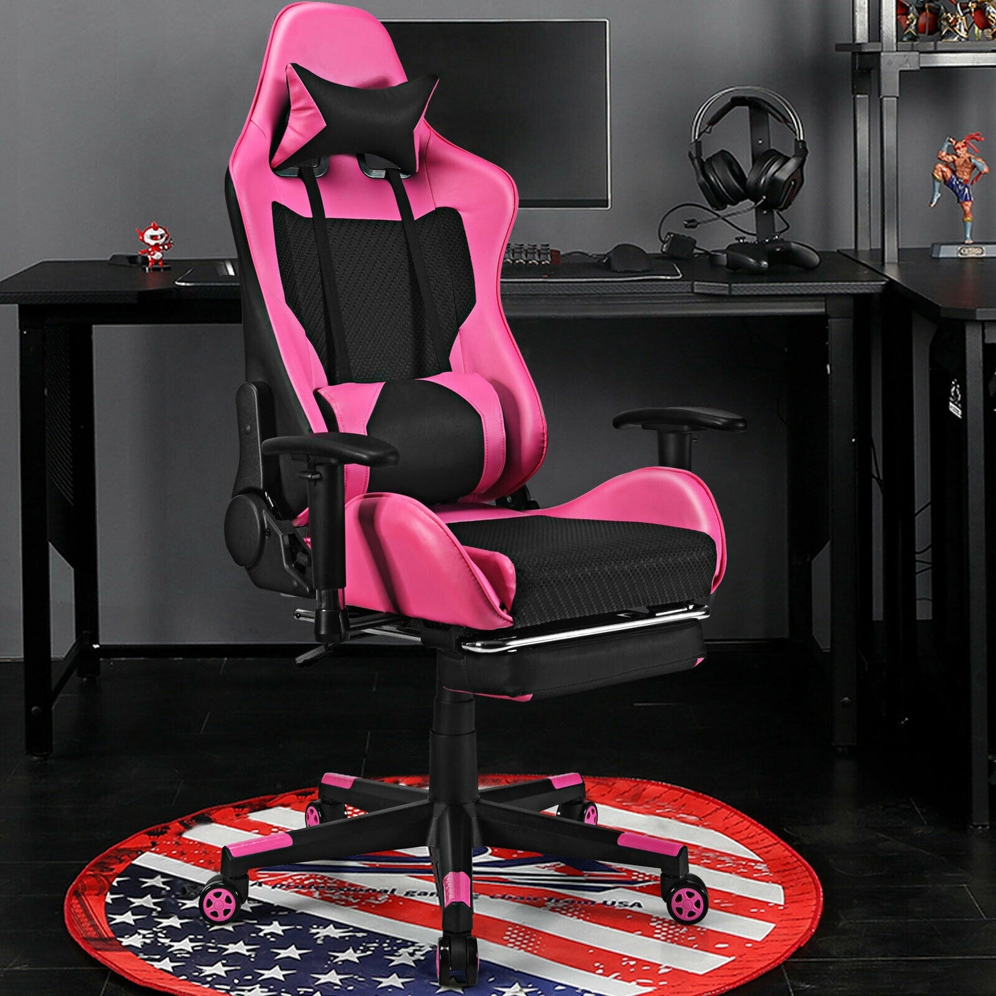 Gaming Chair with USB Massage Lumbar Support and Footrest