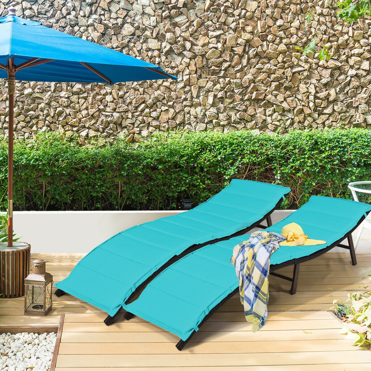 Folding Patio Chaise Lounge Chair Set of 2 with Cushions