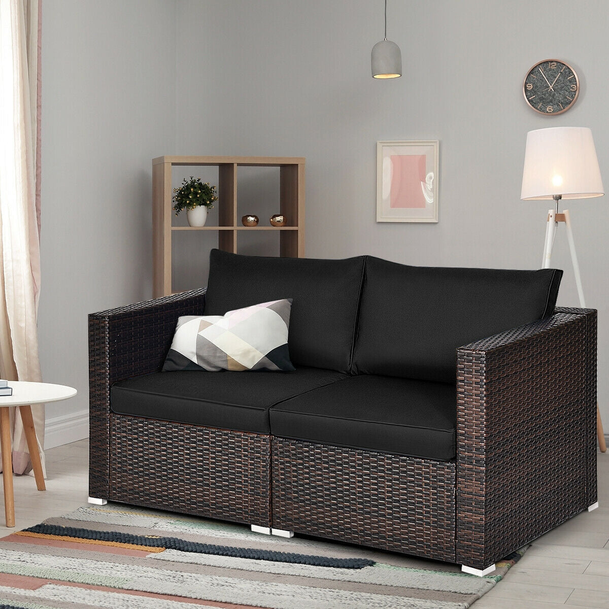 2 Pieces Patio Rattan Sectional Conversation Sofa Set-Beige