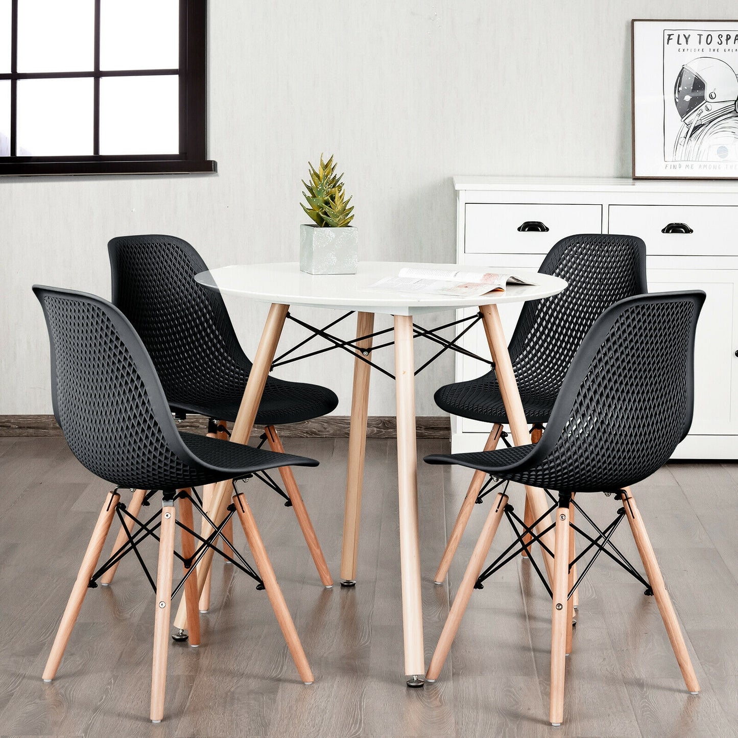Modern Hollow Dining Chairs Set of 4 with Wood Legs