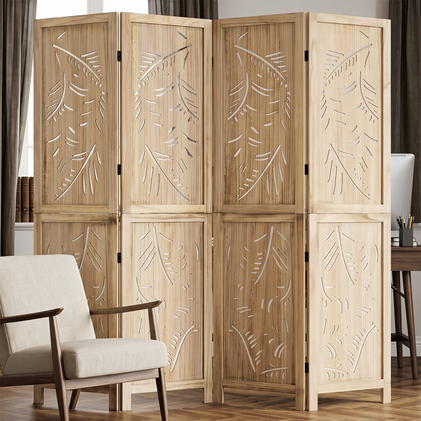 4-Panel Wooden Room Divider with Palm Leaf Design, 67" Tall