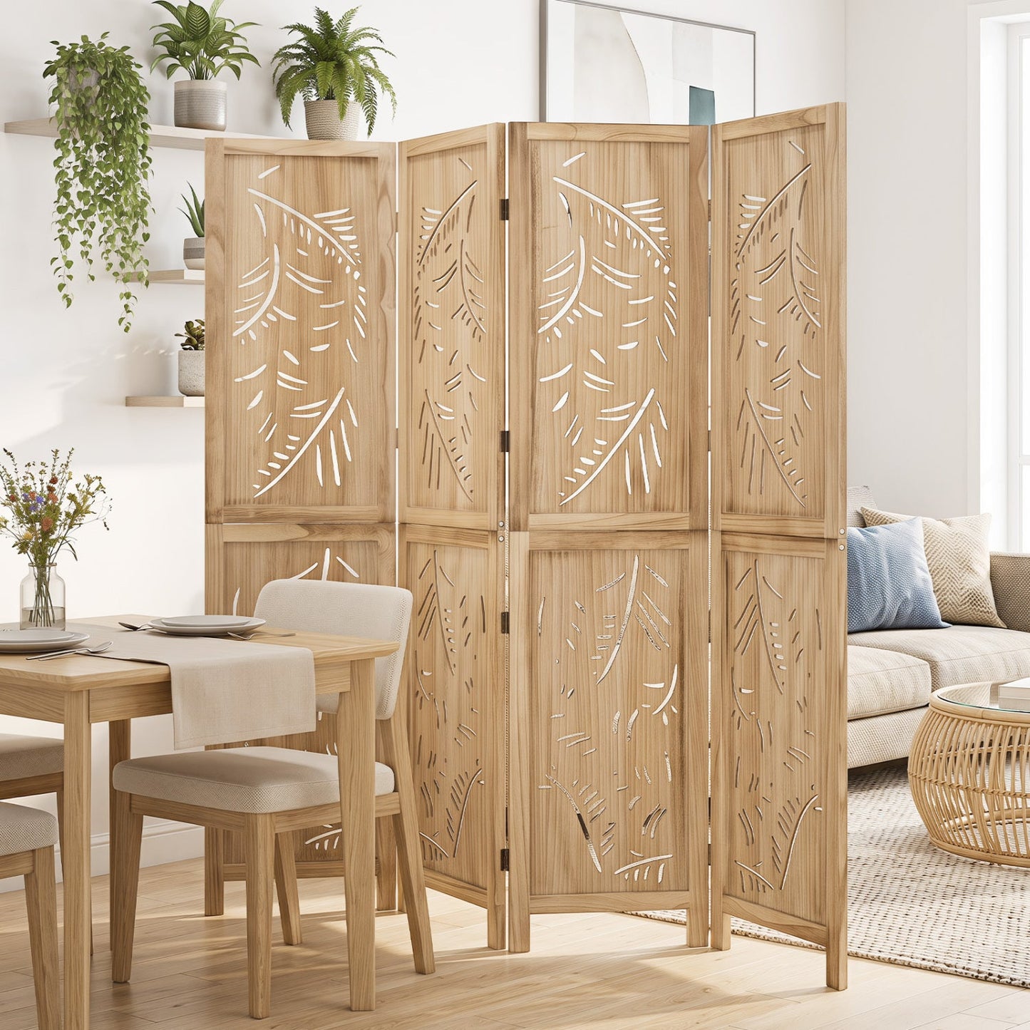 4-Panel Wooden Room Divider with Palm Leaf Design, 67" Tall