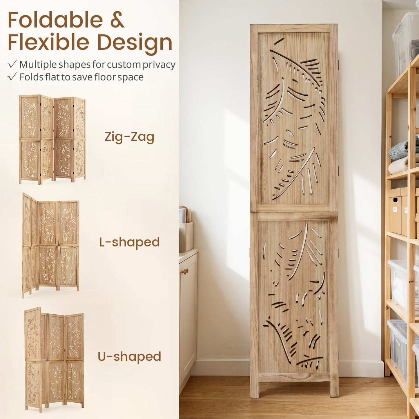 4-Panel Wooden Room Divider with Palm Leaf Design, 67" Tall