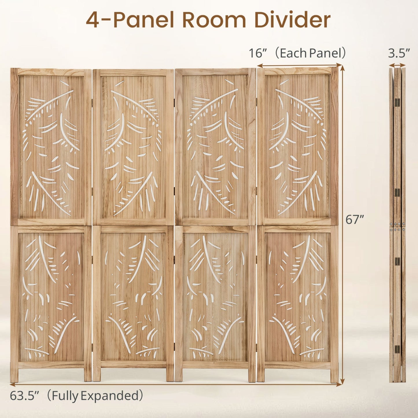4-Panel Wooden Room Divider with Palm Leaf Design, 67" Tall