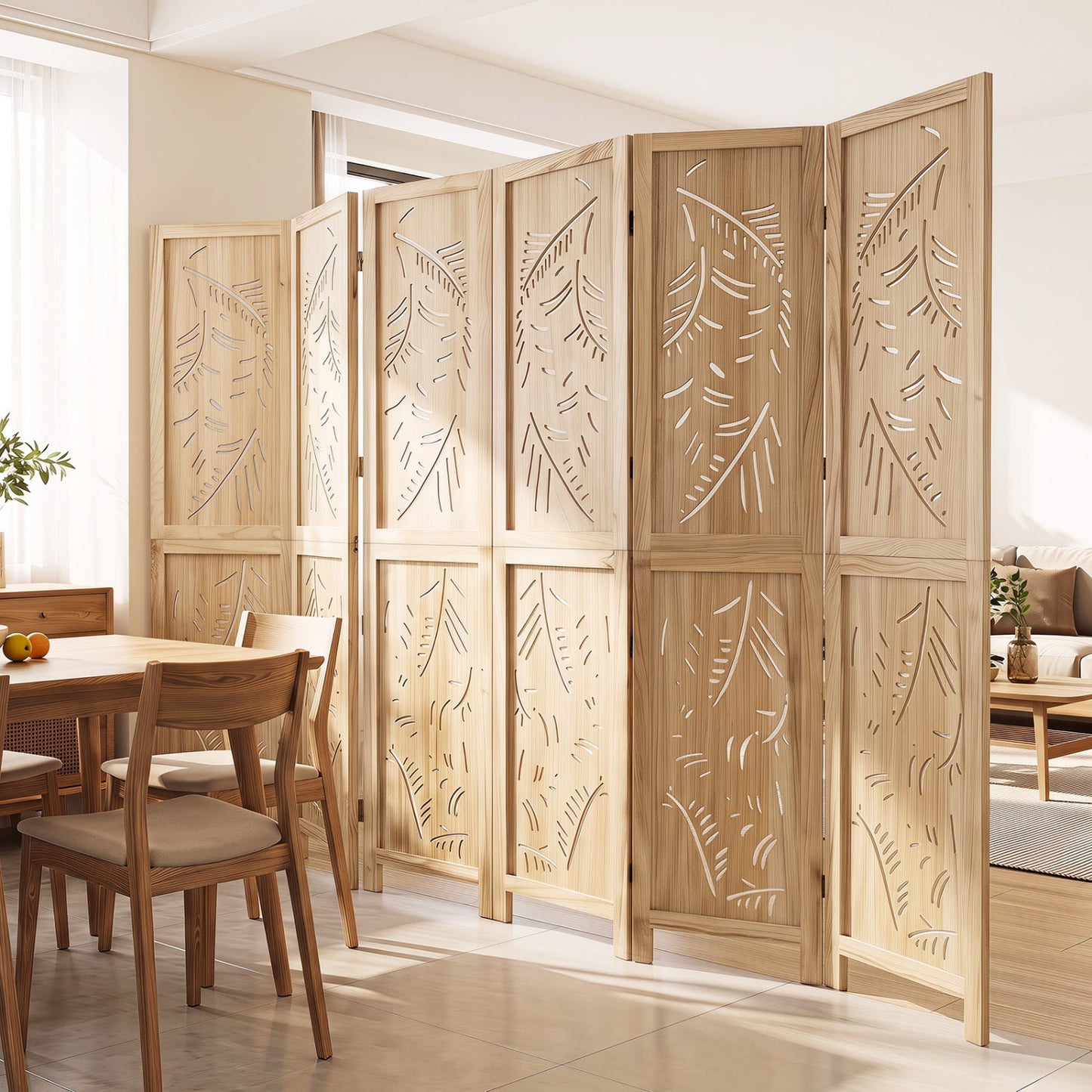 6-Panel Room Divider with Palm Leaf Design - 67" Tall
