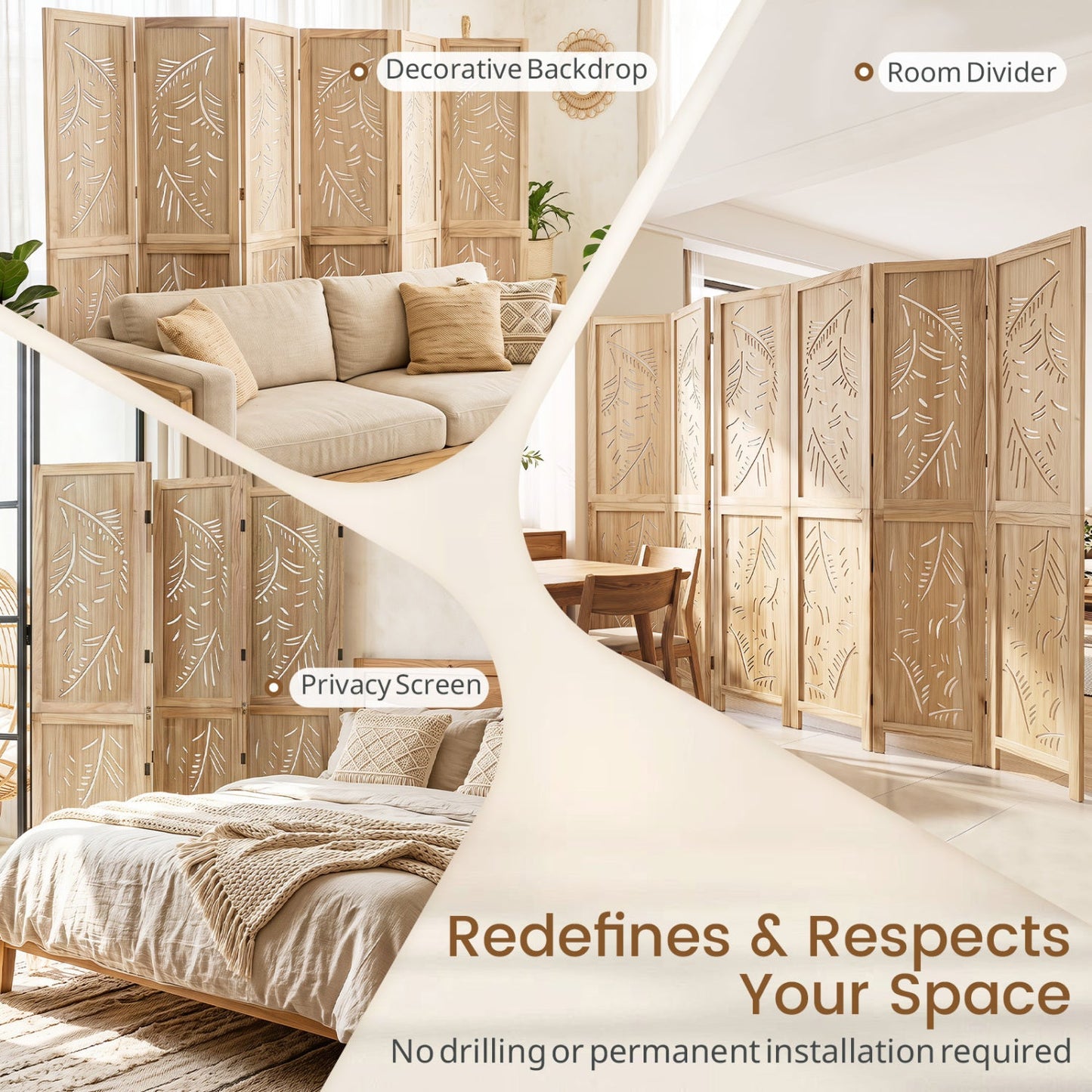 6-Panel Room Divider with Palm Leaf Design - 67" Tall