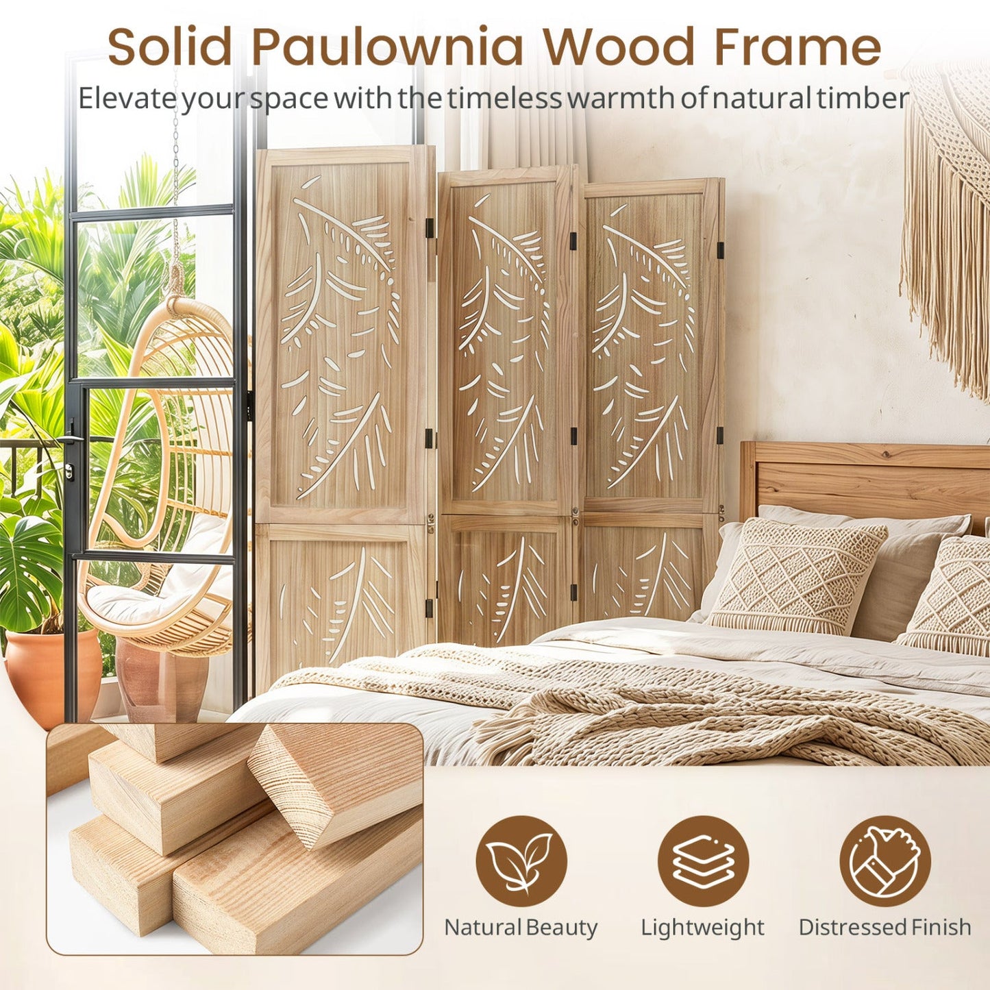 6-Panel Room Divider with Palm Leaf Design - 67" Tall