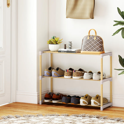 3-Tier Solid Wood Shoe Rack with Slatted Shelves