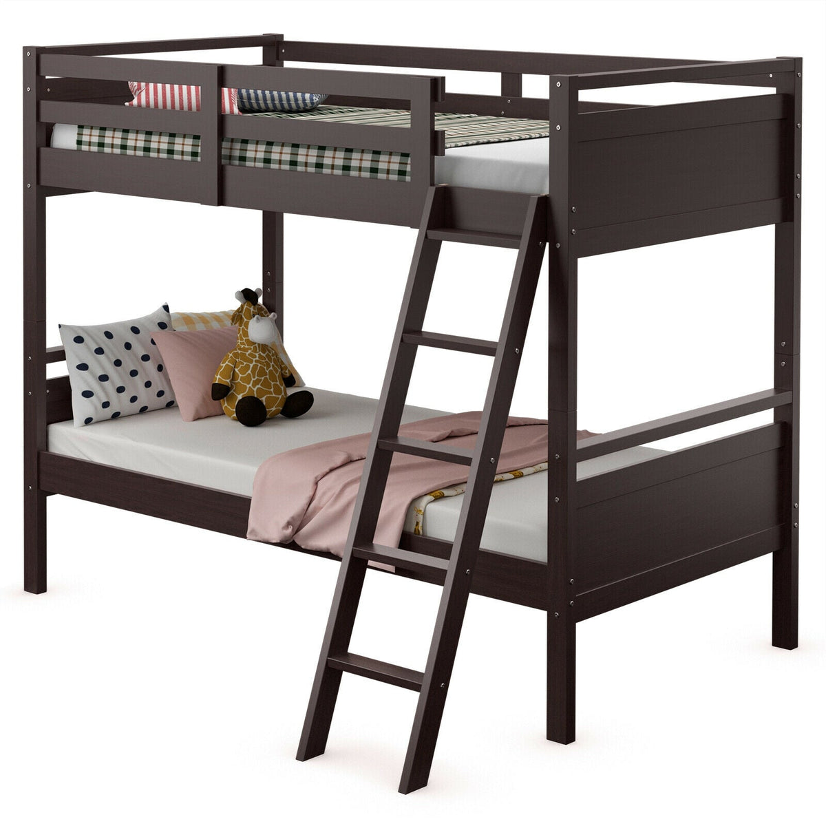 Twin Over Twin Bunk Bed Convertible 2 Individual Beds Wooden