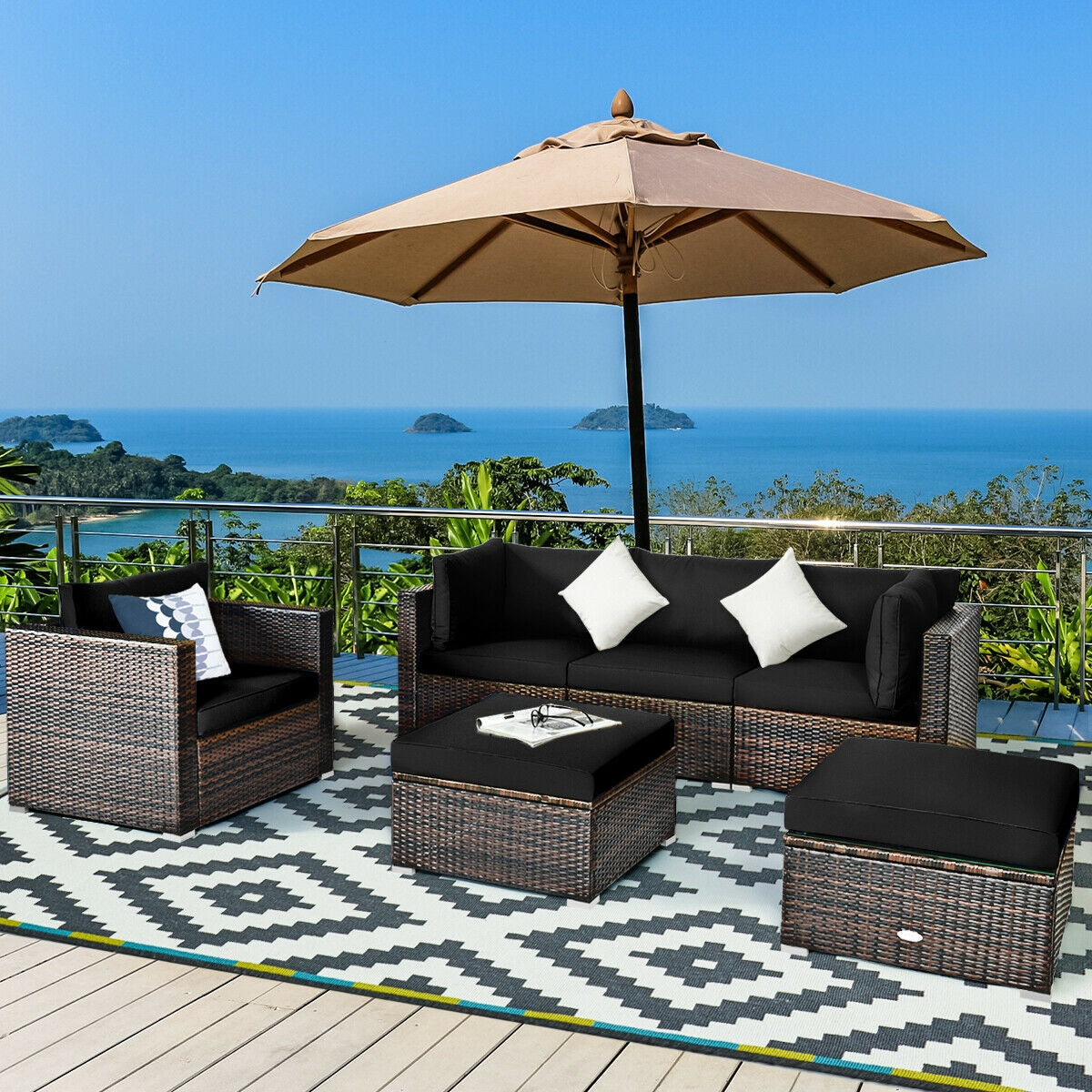 6 Pcs Patio Rattan Furniture Set with Sectional Cushion