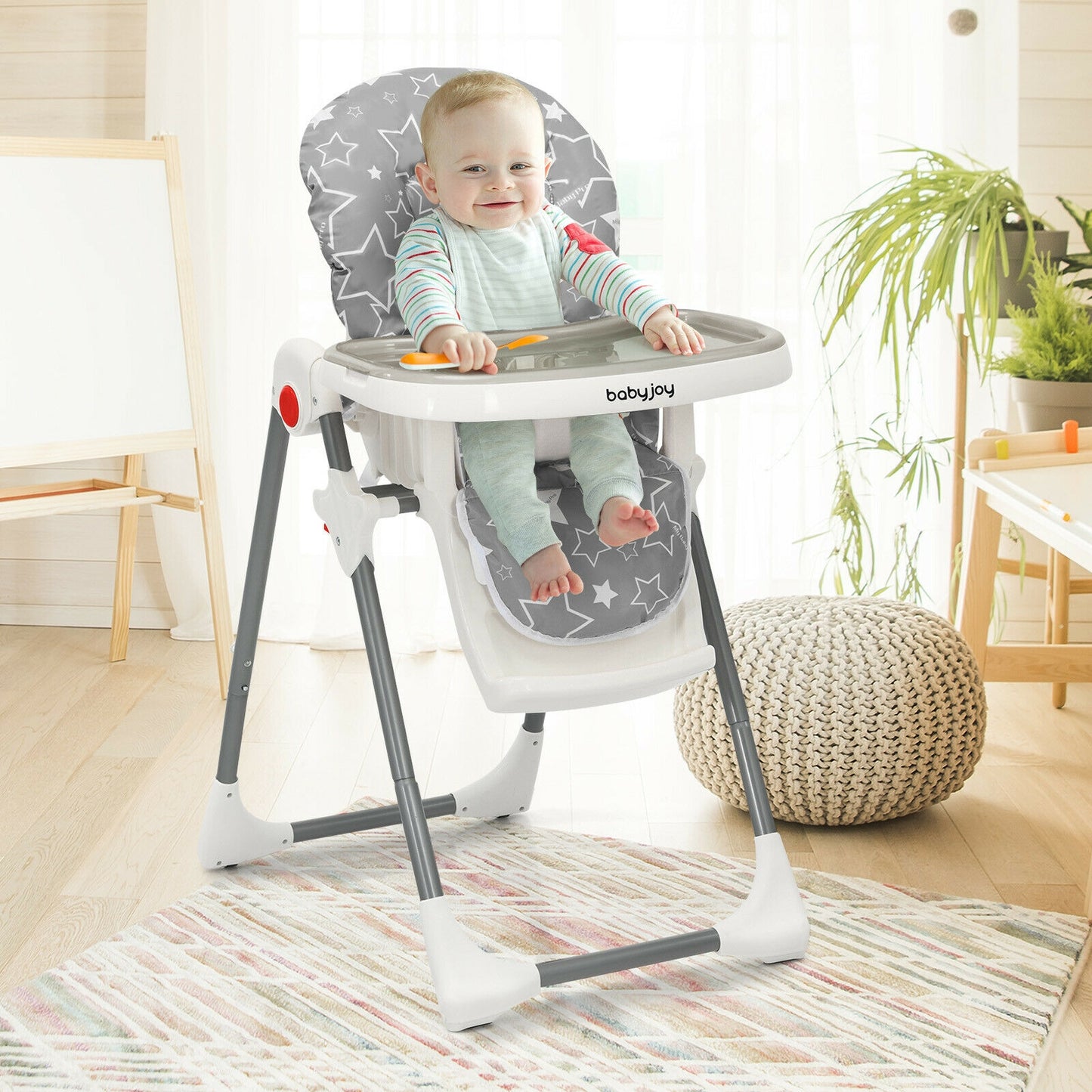 Folding Baby High Chair with 6-Level Height Adjustment