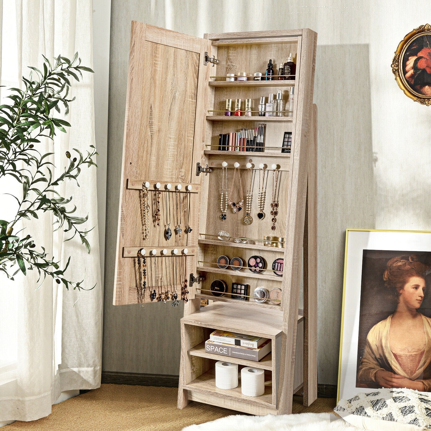Jewelry Armoire with Full-Length Mirror and Storage Cabinet