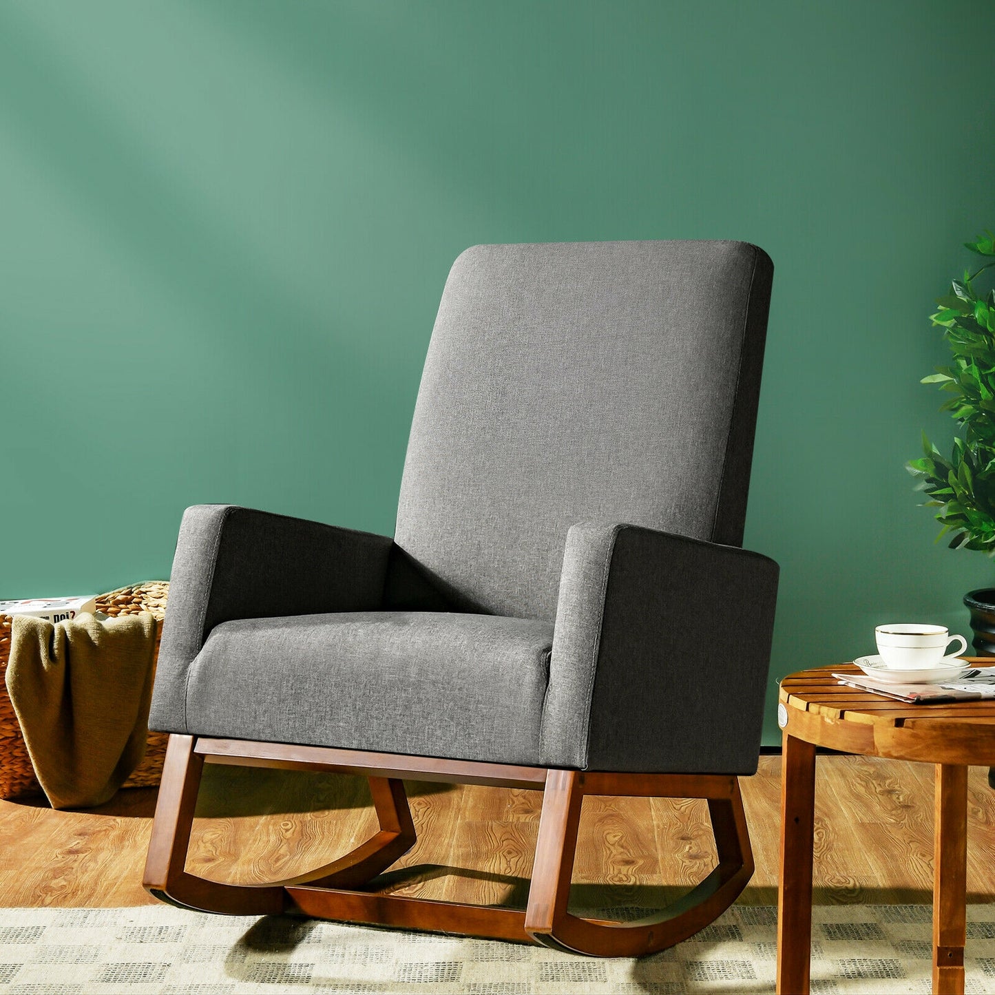 Upholstered Rocking Chair with Side Pocket and High Back