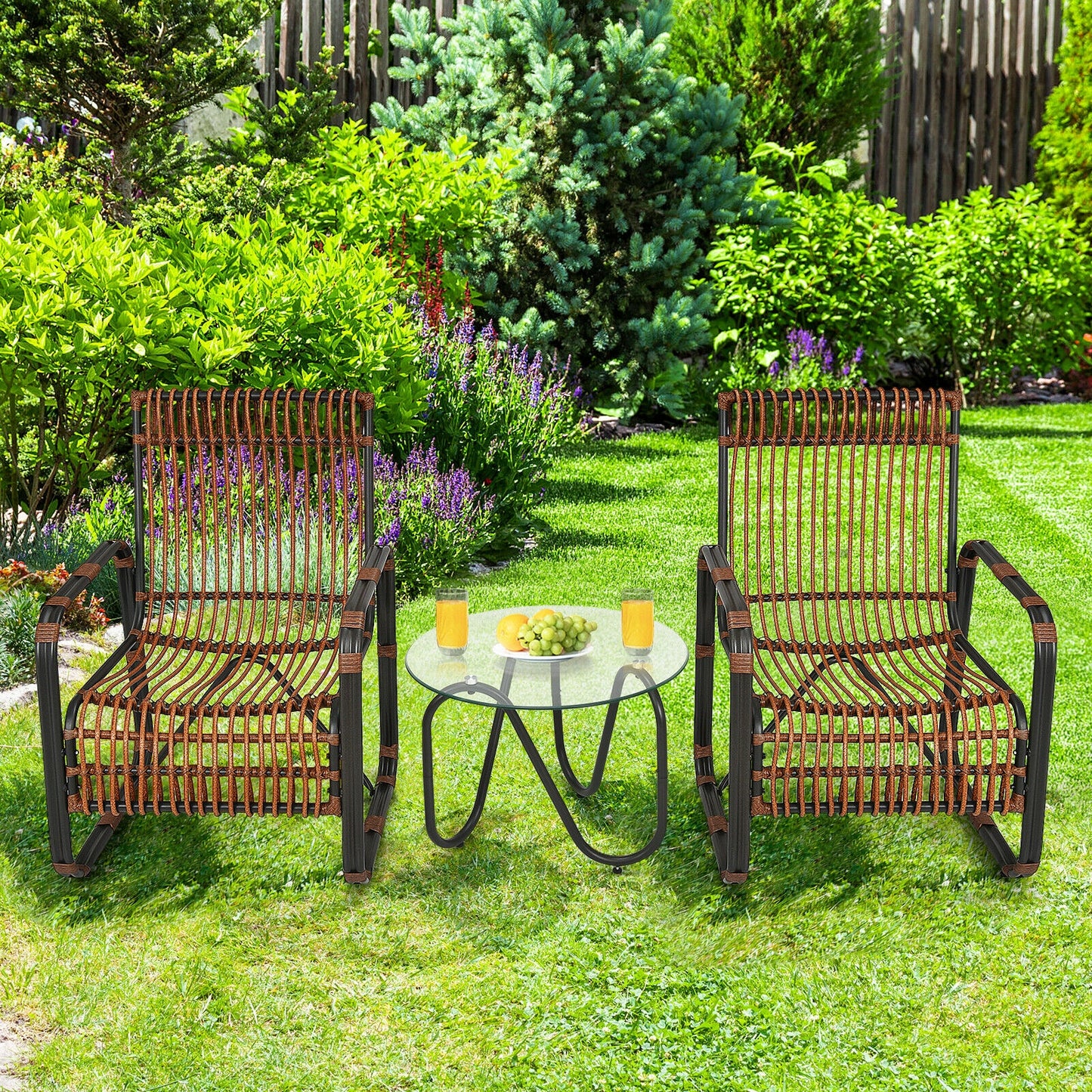 3-Piece Patio Conversation Set with Wicker Chairs & Glass Table