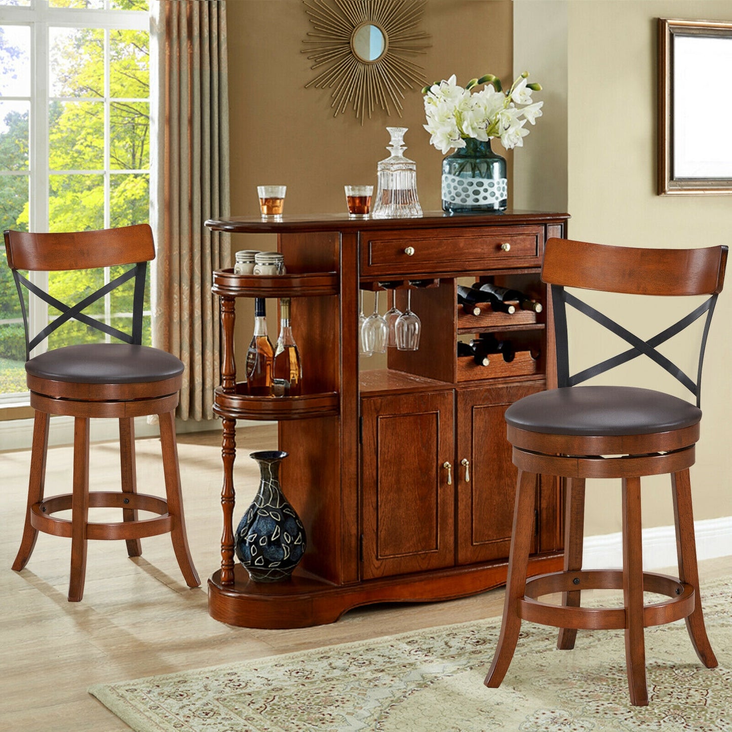 Swivel Bar Stools Set of 2 with Rubber Wood Legs - 360° Rotation