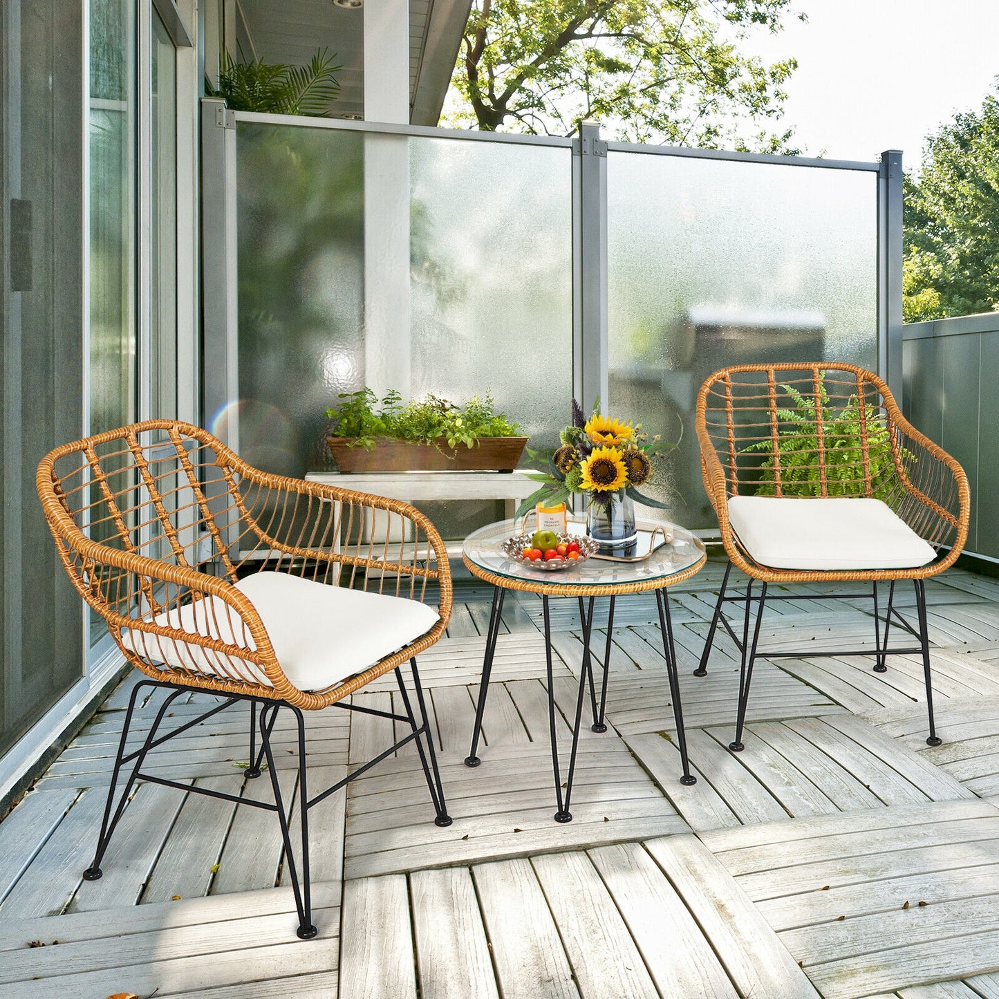 3-Piece Rattan Patio Conversation Set with Cushioned Chairs