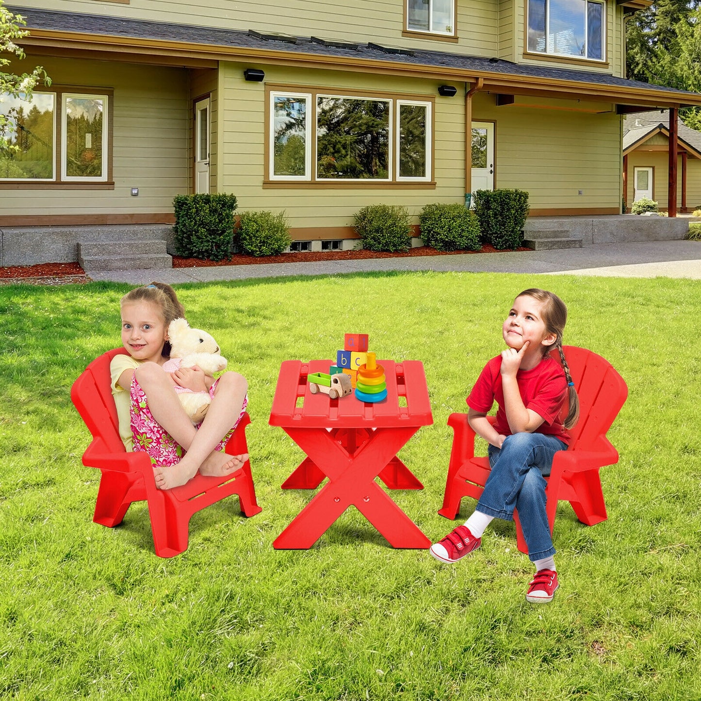 Kids Table and Chair Set - 3-Piece Plastic Play Furniture