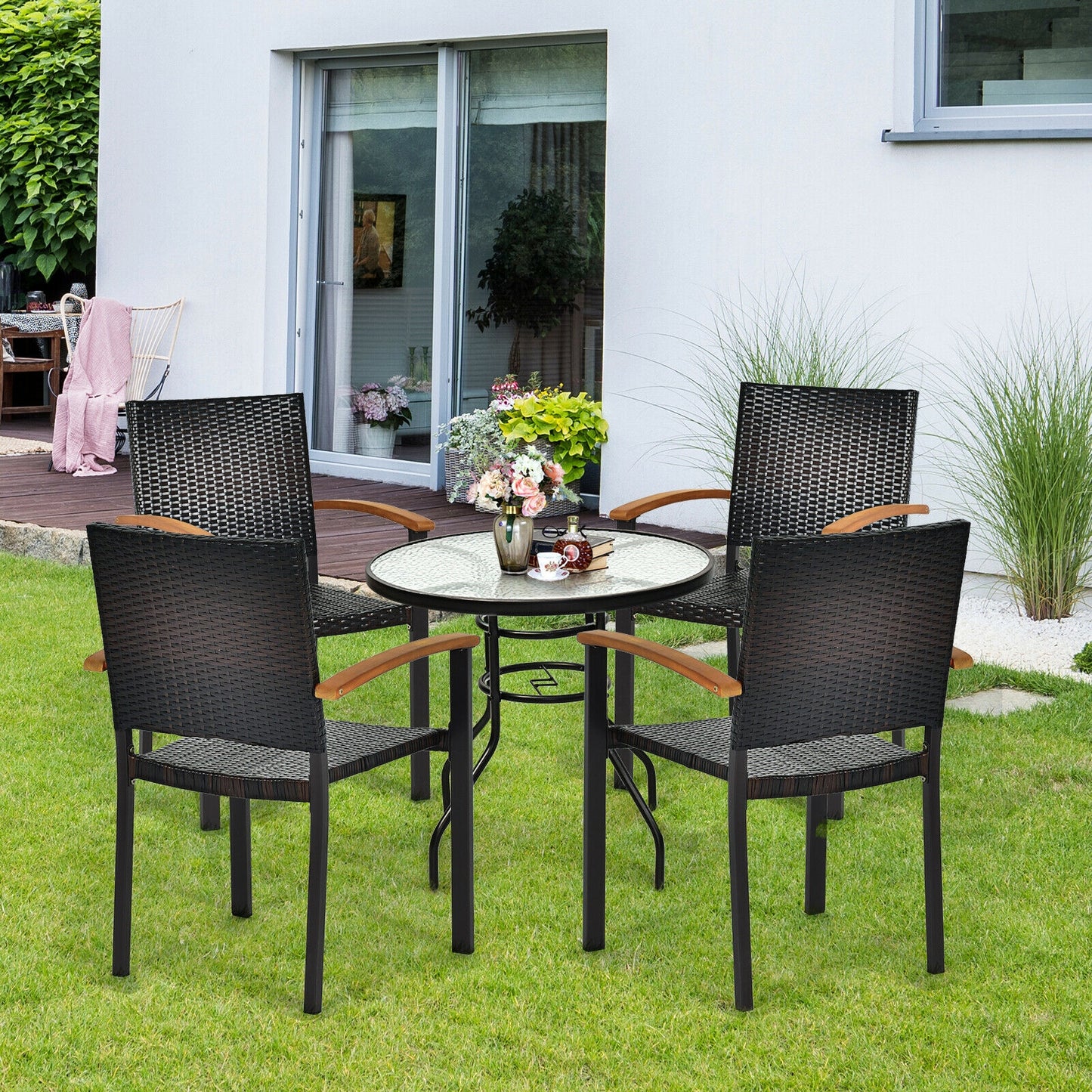 Outdoor Patio Dining Chairs Set of 4 with Rattan & Acacia Wood