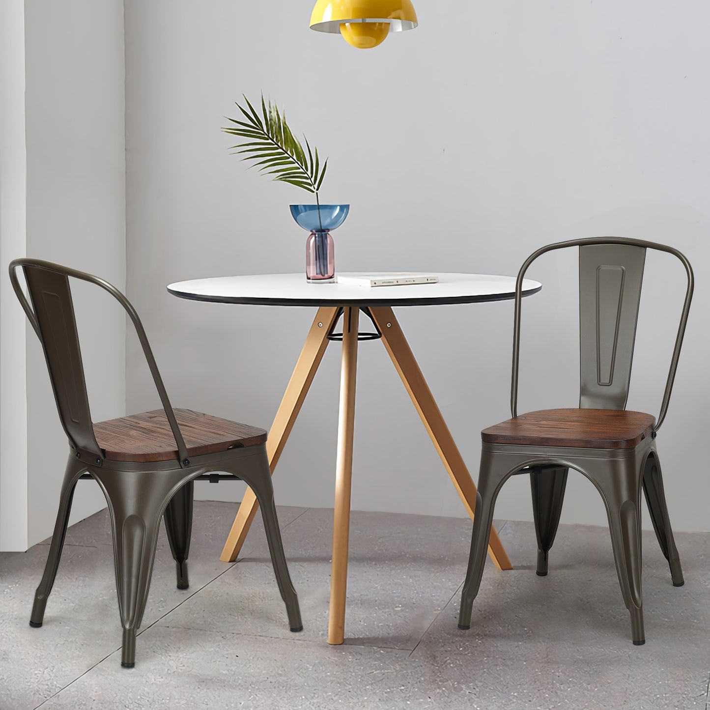 Stackable Metal Dining Chairs with Wood Seat, Set of 4