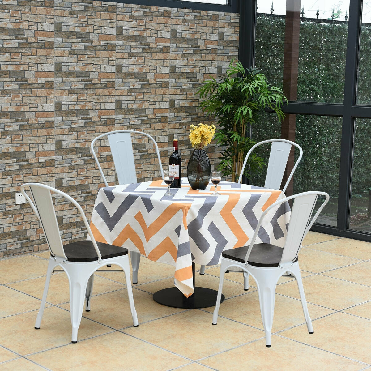 Metal Dining Chairs with Wood Seat - Set of 4, Stackable