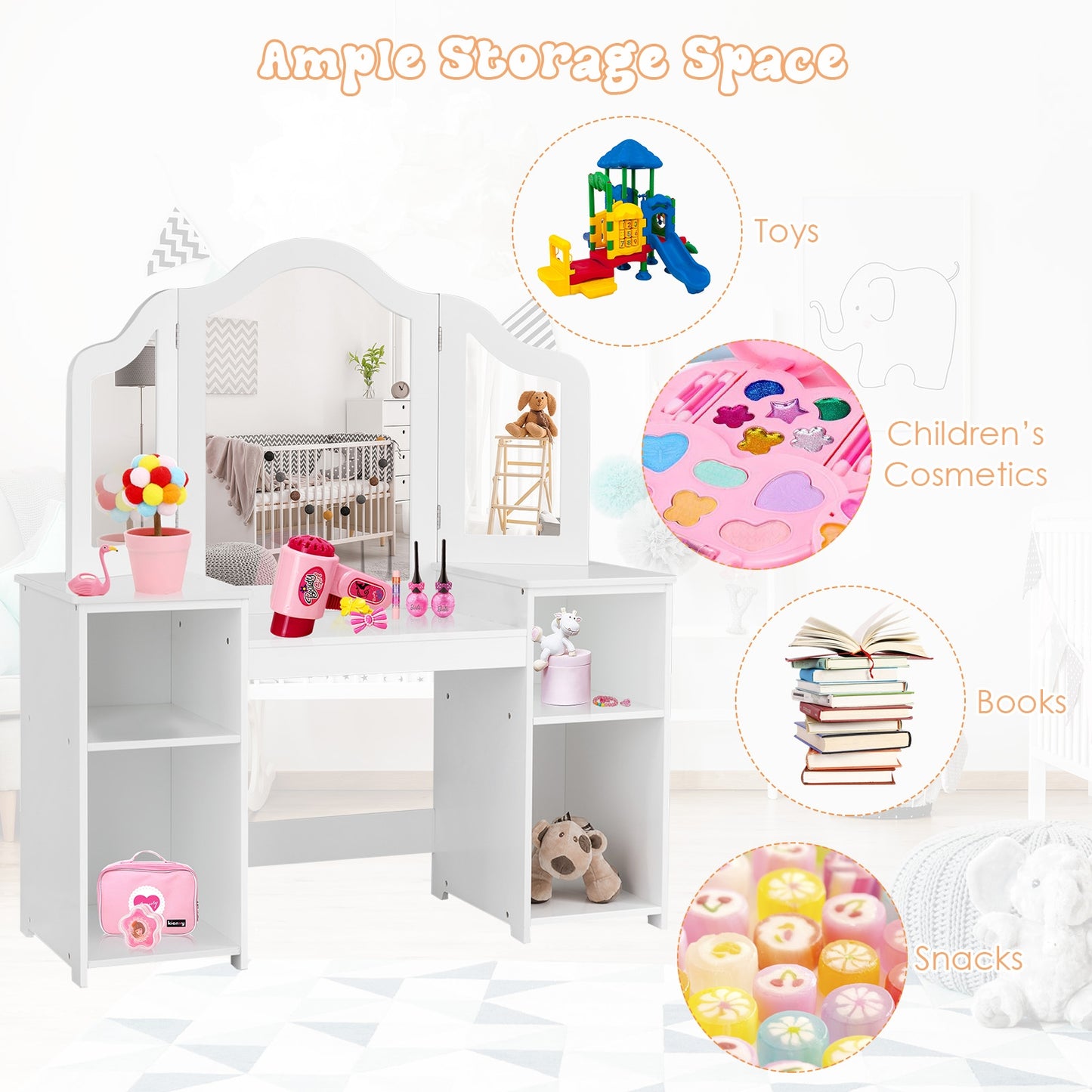 Kids Tri-Folding Mirror Vanity Table Set with Storage