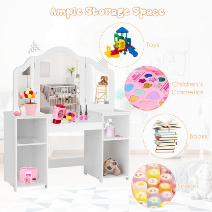 Kids Tri-Folding Mirror Vanity Table Set with Storage