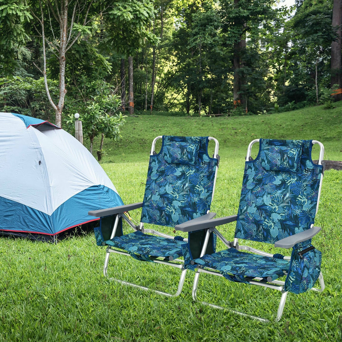 Folding Beach Chair 2-Pack with 5-Position Backrest & Pillow
