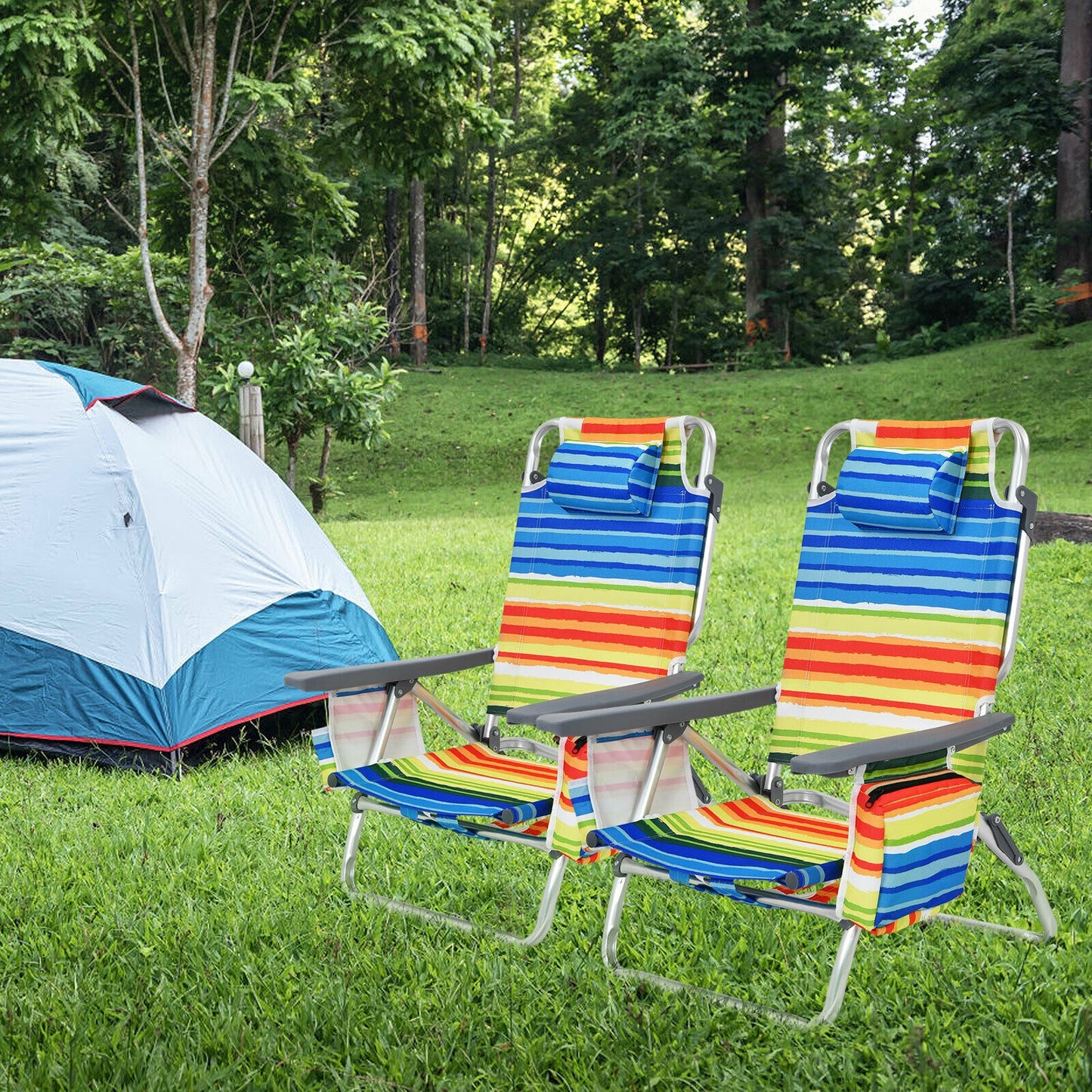 Folding Beach Chair 2-Pack with 5-Position Backrest & Pillow
