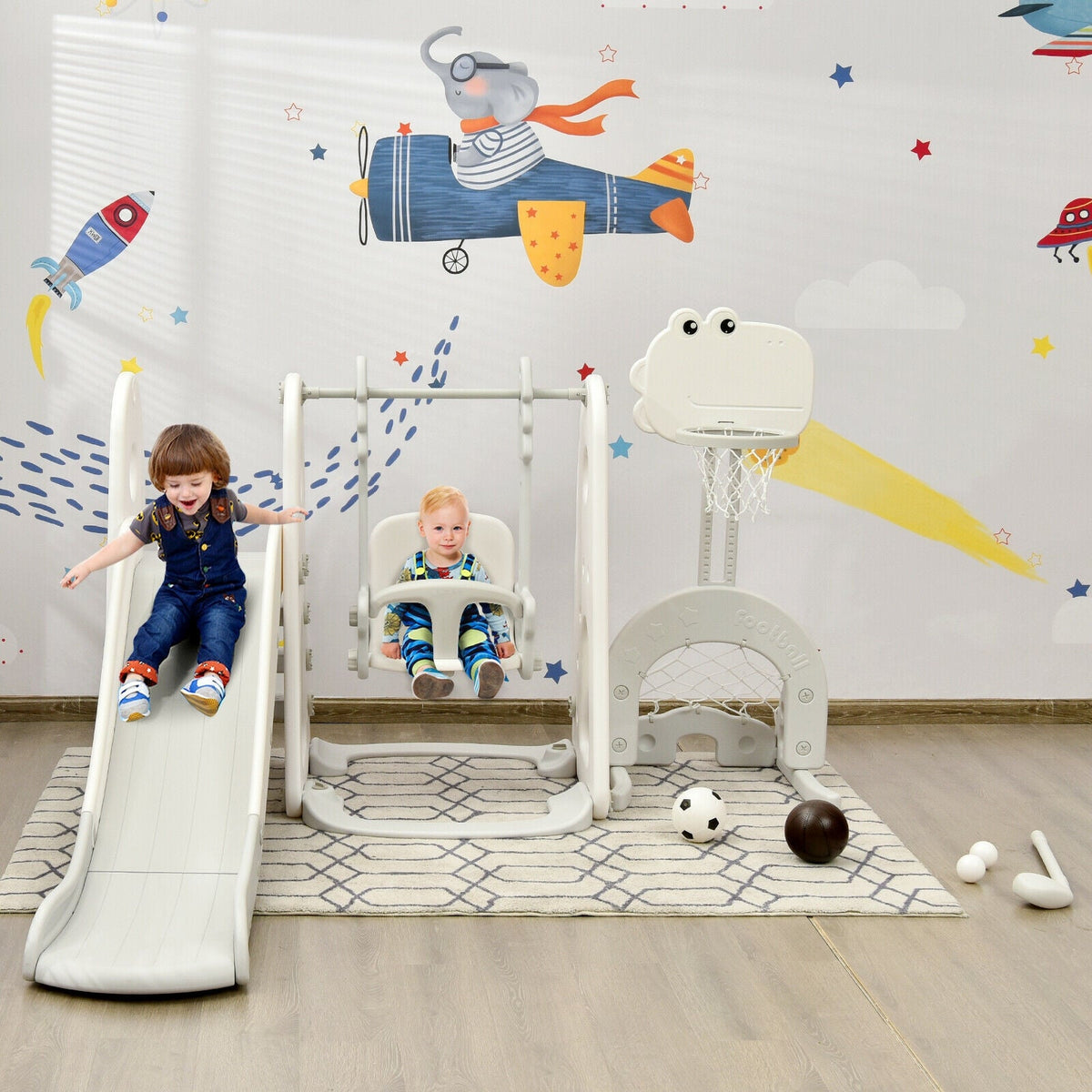 6 in 1 Toddler Slide and Swing Set with Ball Games