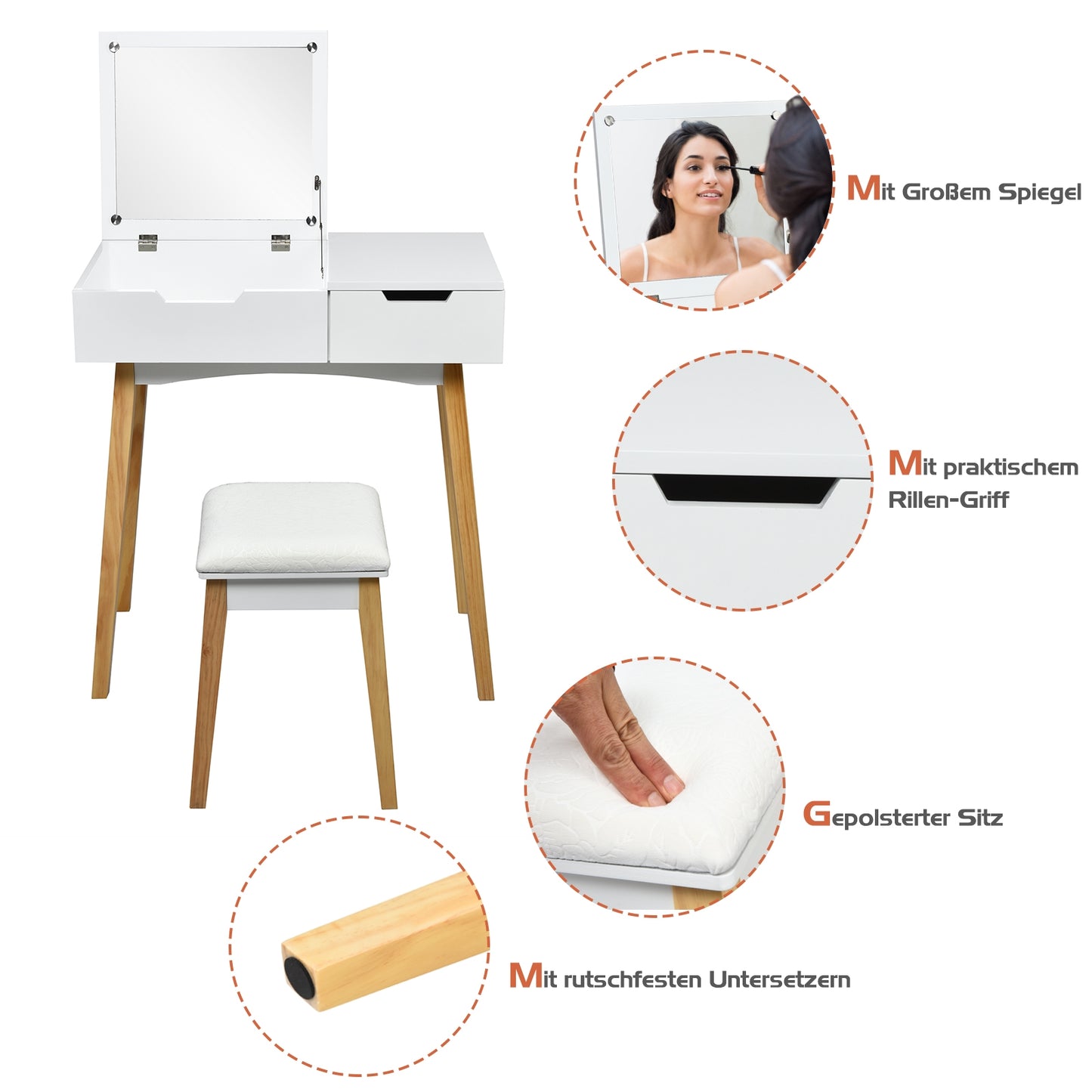 Vanity Table with Flip Top Mirror and Cushioned Stool