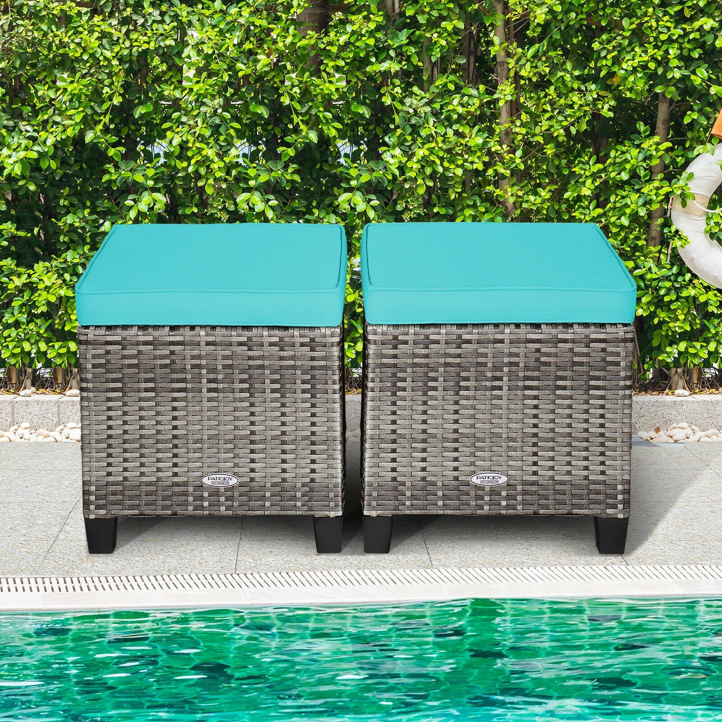 Patio Rattan Ottoman Set with Removable Cushions (2-Piece)