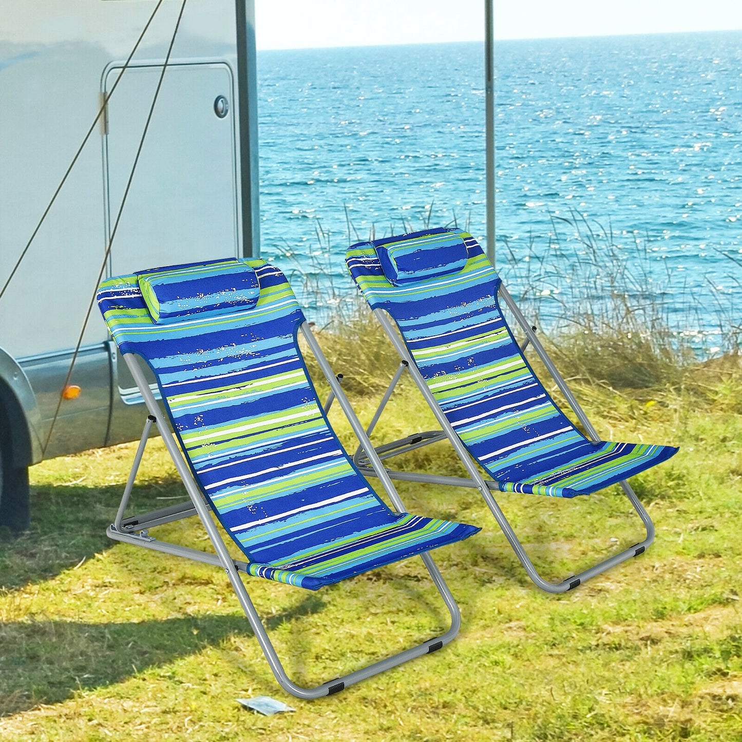 Portable Beach Chair Set of 2 with Adjustable Backrest