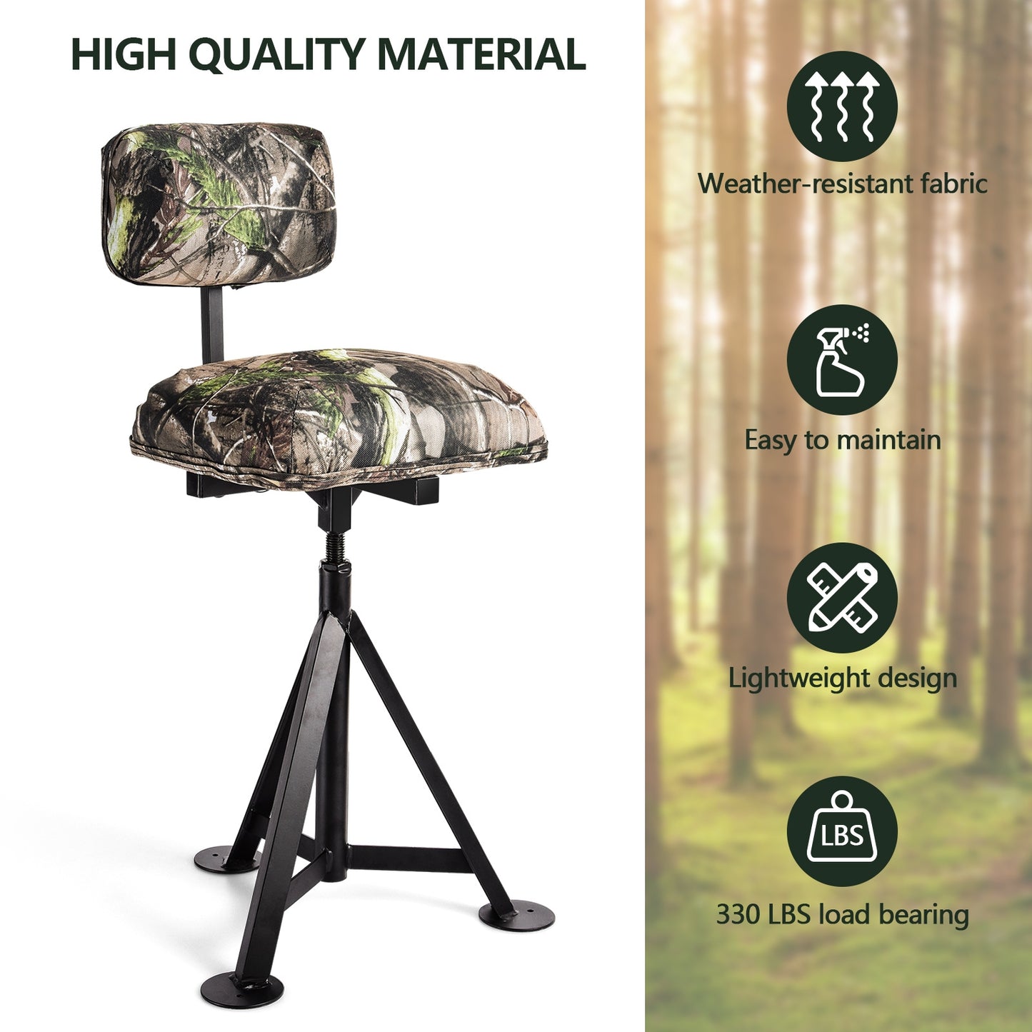 Swivel Hunting Chair with Detachable Backrest and Tripod Base