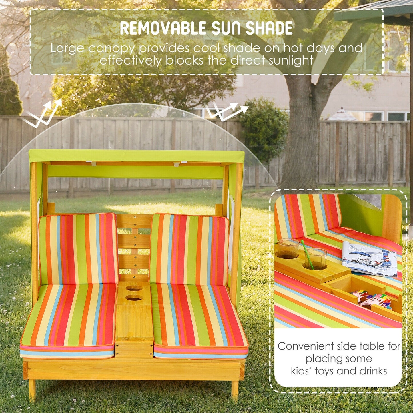 Kids Double Lounge Chair with Awning and Cup Holders