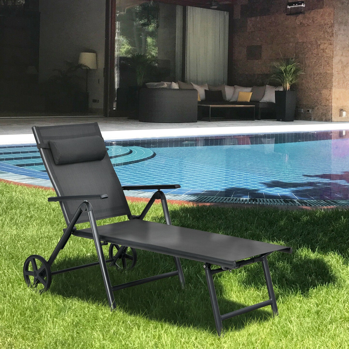 Adjustable Patio Lounge Chair with Wheels and Neck Pillow