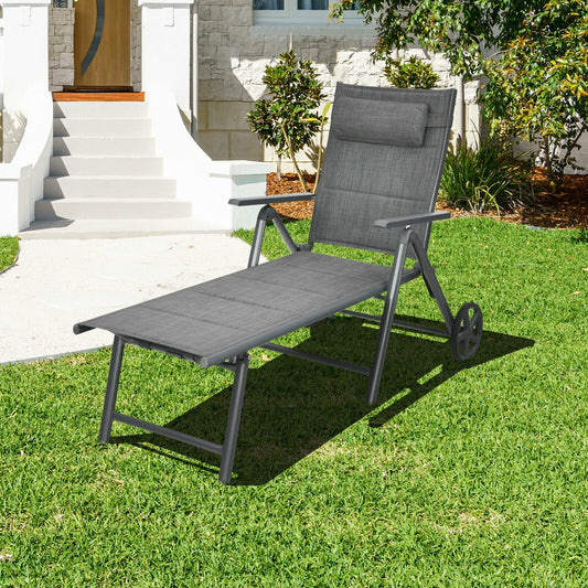 Reclining Patio Chaise Lounge with Adjustable Backrest & Wheels