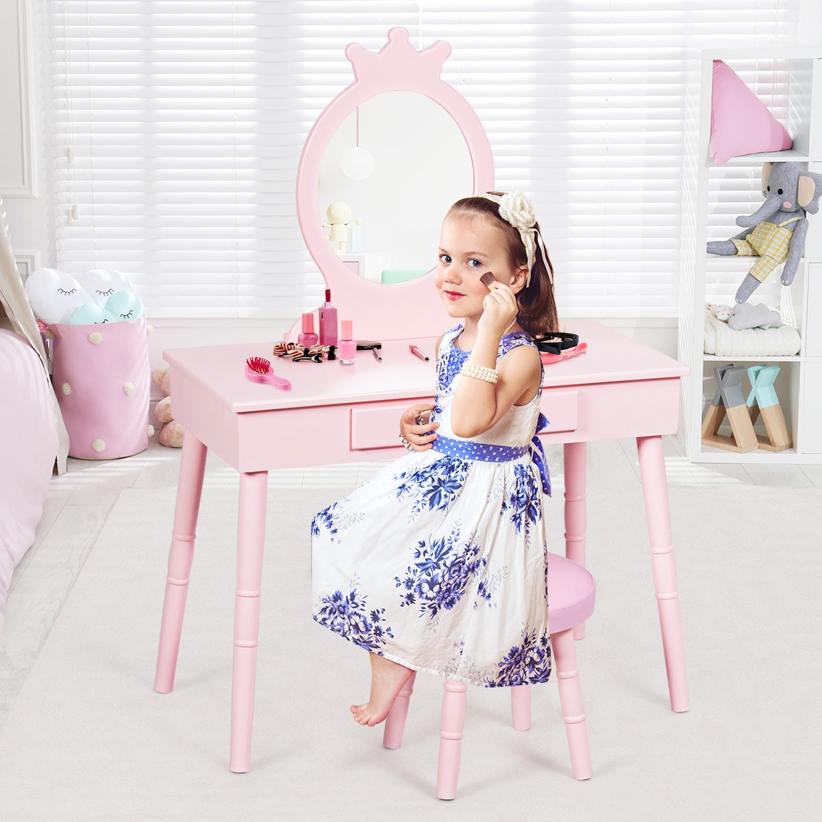 Kids Vanity Table and Chair Set with Mirror and Drawer