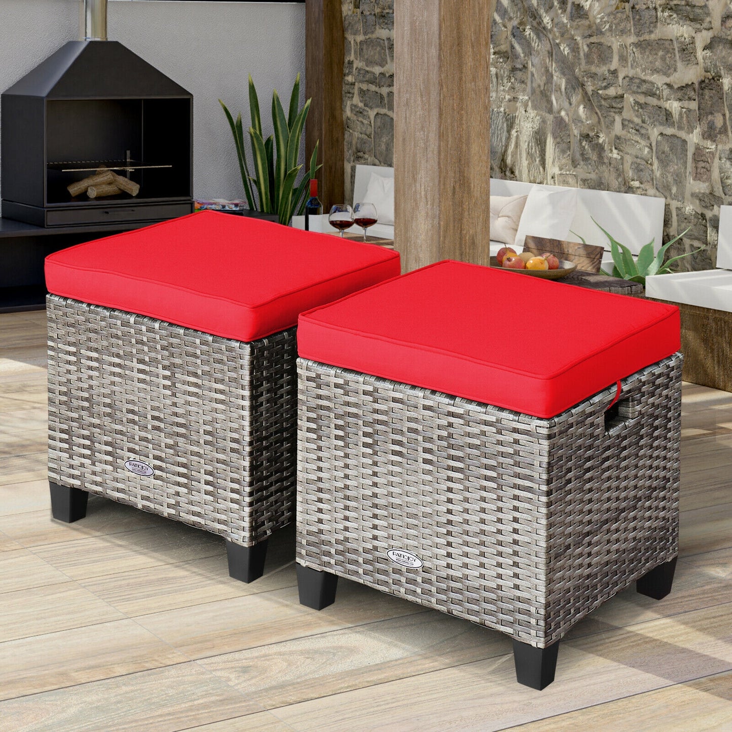 Patio Rattan Ottoman Set with Removable Cushions (2-Piece)