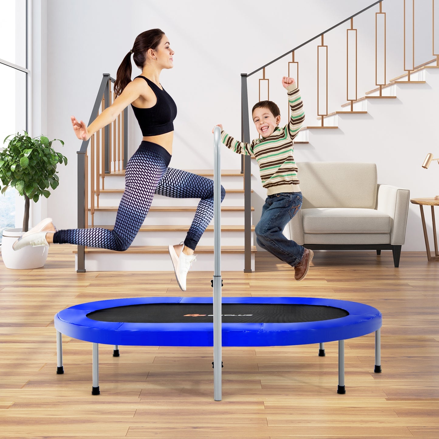 2-Person Foldable Fitness Trampoline with Adjustable Handle